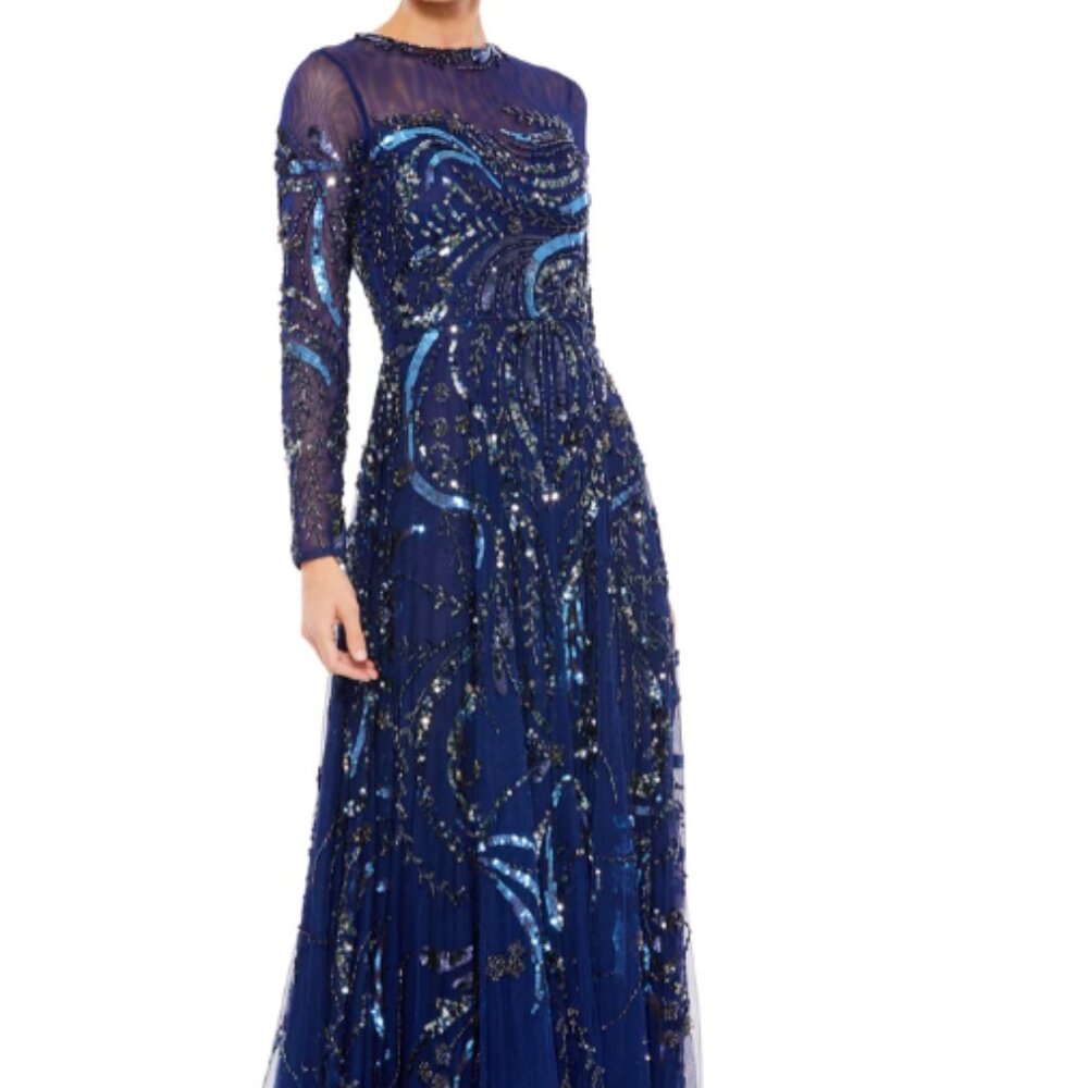 MAC DUGGAL 5217 LONG SLEEVE EMBELLISHED ILLUSIONS MIDNIGHT NAVY GOWN sz 16